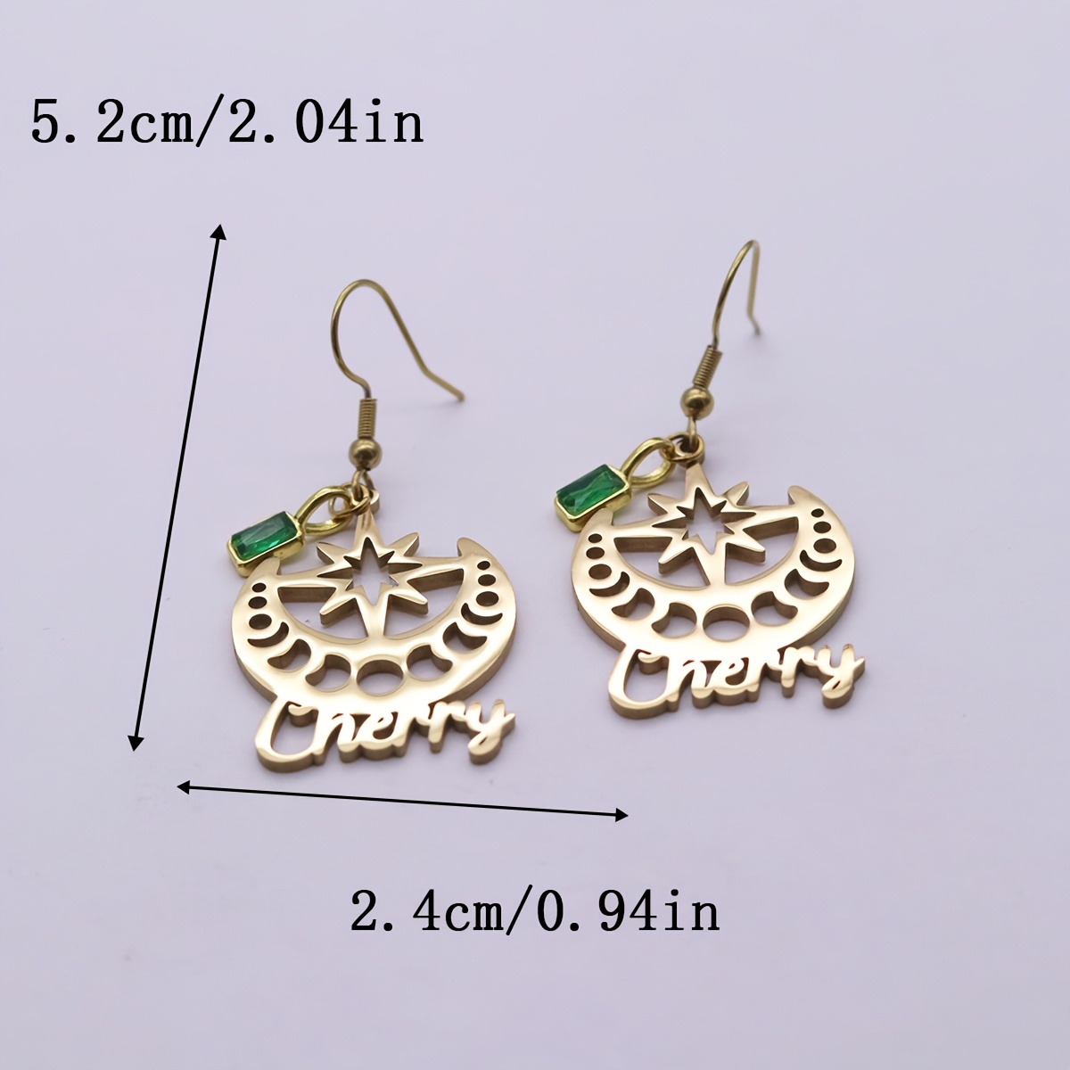 Personalized Moon Star Earrings with Custom Name and Green Zirconia